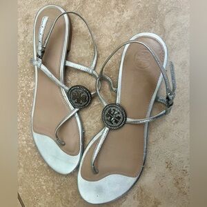 Tory Burch Silver Sandals with crystal emblem